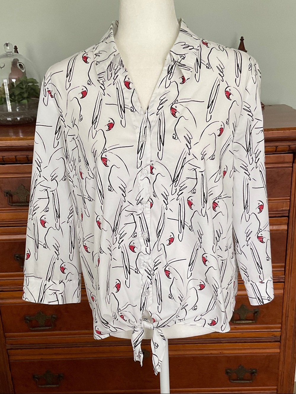 Chico’s Parrot Button Front 3/4 Sleeve  Shirt Size L Artsy Casual Islandcore